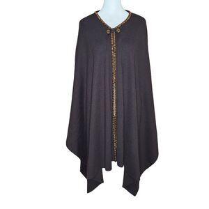 Marina Rinaldi Brown 100% Lana Wool Cape Poncho M/12-14 Beaded Trim Button Front